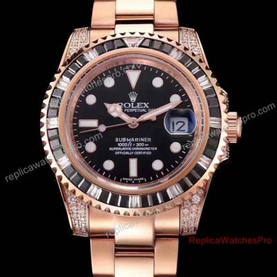All Rose Gold Replica Rolex Submariner Diamond Bezel Black Dial Watch For Sale